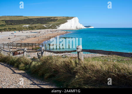 Weg entlang der Küste und Strand in Cuckmere Haven an der Südküste, East Sussex, UK, mit den Sieben Schwestern Kreidefelsen im Hintergrund Stockfoto