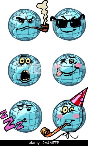 Charakter Planeten Erde. eine Sammlung von Emotionen Emoji eingestellt. Das Thema der Traum humor Geburtstagsüberraschung spy rauchen. Comic cartoon Pop Art retro Ve Stock Vektor