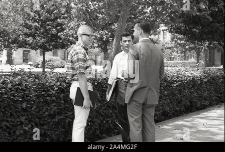 1964, Geschichte, Sommer und zwei junge Männer, Studenten, die mit einem männlichen Dozenten auf dem Gelände der University of Southern California (USC), Los Angeles, USA, sprechen. Stockfoto