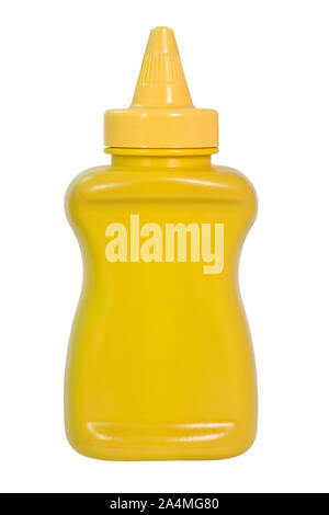 Gelbsenf squeeze-Flasche Behälter nicht beschriftet. Isoliert. Weißen Hintergrund. Vertikale. Stockfoto