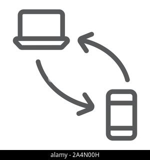 Übertragen von Daten vom Laptop Symbol Leitung, Technologie und Transfer zum Smartphone, Synchronisation, Vektorgrafiken, ein lineares Muster auf weißem Stock Vektor