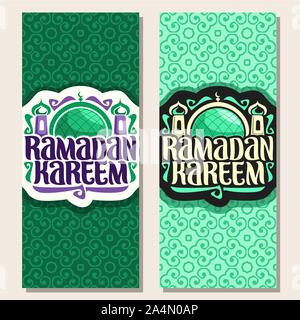 Vektor senkrecht Grußkarte mit muslimischen Kalligraphie Ramadan Kareem, Papier schneiden Logo mit original brush Schrift für Worte Ramadan Kareem, Dome und m Stock Vektor
