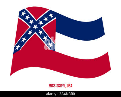 Mississippi (USA) Flagge schwenkten Vector Illustration auf weißem Hintergrund. Flagge der Vereinigten Staaten von Amerika. Stockfoto