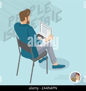 Junger Mann sitzend mit Notebook. Stock Vektor