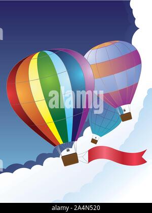 Abbildung: Heißluftballon mit rotem Band am Himmel Hintergrund. Stock Vektor