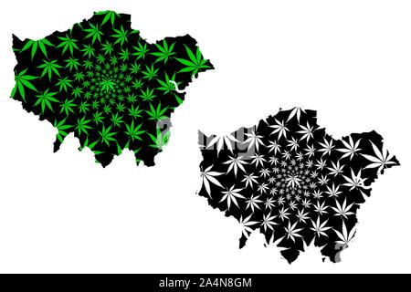 Groß-London (Vereinigtes Königreich, England) Karte cannabis Blatt grün und schwarz ausgelegt, London region Karte aus Marihuana (Marihuana, THC) Laub Stock Vektor