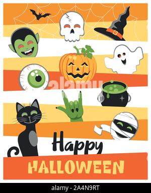 Happy Halloween. Bunte Grußkarte mit niedlichen Zeichentrickfiguren. Flache Bauform. Vector Illustration. Stock Vektor