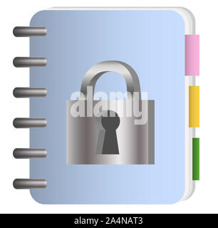 Das Konzept des Datenschutzes. Notepad mit Metall Kette und Schloss, Passwort. Stockfoto