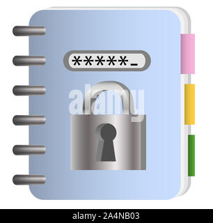 Das Konzept des Datenschutzes. Notepad mit Metall Kette und Schloss, Passwort. Stockfoto