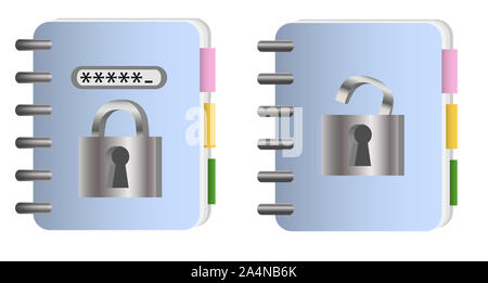Das Konzept des Datenschutzes. Ein paar Notebooks mit Metall Kette und Schloss, Passwort. Stockfoto