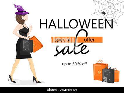 Halloween Special Angebot Verkauf Banner mit Frau in Schwarz gekleidet, trug Hexenhut. Spinnennetz und Urlaub Taschen. Vektor. Flat Style Stock Vektor