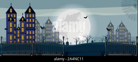 Halloween Wald mit Burgen, Friedhof, Spinnennetz und Fledermäuse. Vollmond im Hintergrund. Flat Style Stock Vektor