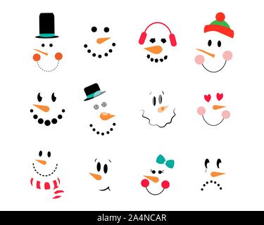 Schneemann Emoticons. Vektor Sammlung von niedlichen Schneemann Gesichter. Vektor Schneemann. Lustige cartoon Gesichter mit Emotionen und Hüte, Herzen, Schal, Bug. Stock Vektor