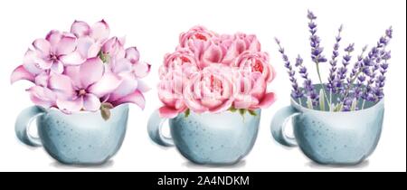 Rose, Lavendel und Lilly Blumen in Keramik cup card Vektor Aquarell. Isolierte Hintergrund. Provence Blumen banner Stock Vektor