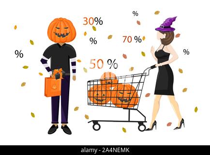 Paar gekleidet in halloween Urlaub outfit Einkaufen mit Warenkorb Vektor. Angebot Verkauf. Flat Style Stock Vektor