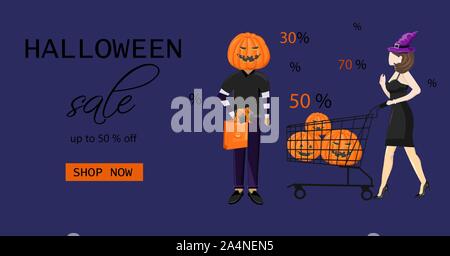 Paar gekleidet in halloween Urlaub outfit Einkaufen mit Warenkorb Vektor. Angebot Verkauf. Flat Style Stock Vektor