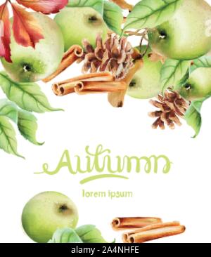 Herbst Früchte und Blätter Vektor Karte. Isolierte Hintergrund. Apfel, Zimt und Blätter Stock Vektor