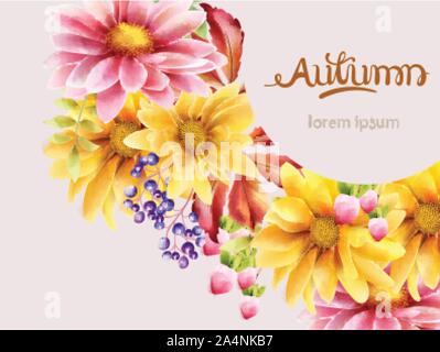 Herbst Blumenstrauß mit Daisy, Sonnenblumen, Beeren und Blätter. Vektor herbst Zusammensetzung Stock Vektor