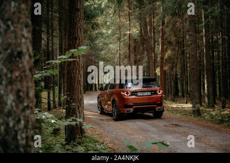 Minsk, Weißrussland - September 24, 2019: Land Rover Discovery Sport auf Landstraße n Herbst Wald landschaft. Stockfoto