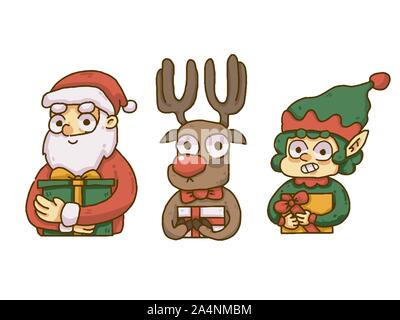 Weihnachten Weihnachtsmann, Rentier, und elf Holding präsentiert Stock Vektor