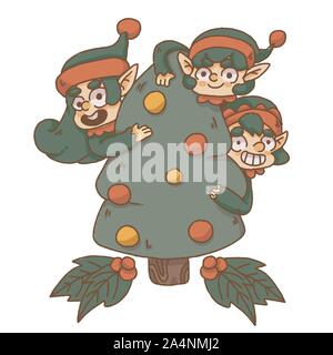 Weihnachten Elf versteckt sich hinter Weihnachtsbaum Stock Vektor
