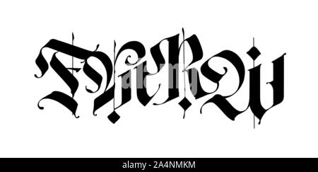 F, M, R, W im gotischen Stil. Vektor. Buchstaben und Symbole auf einem weißen Hintergrund. Kalligraphie mit schwarzem Marker. Mittelalterliche lateinische Buchstaben. Elegante Schrift Stock Vektor