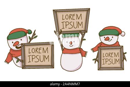 Schneemann holding Holz- text Zeichen Stock Vektor