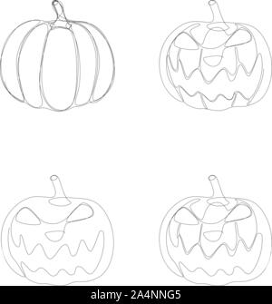 Halloween Kürbis gezeichnet von einer Zeile gesetzt. Kürbis mit Gesicht Abbildung. Herbstferien. Vector Illustration Stock Vektor