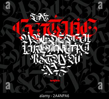 Im gotischen Stil Alphabet. Vektor. Buchstaben und Symbole auf schwarzem Hintergrund. Kalligraphie mit einer weißen Markierung. Mittelalterliche lateinische Buchstaben. Elegante Schriftart für ta Stock Vektor