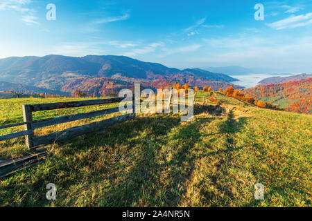 Ländliche Gegend in Berg bei Sonnenaufgang. wunderschönen goldenen Herbst Wetter mit hohen Wolken am blauen Himmel. holzzaun auf dem Weg durch Wiese Wiese Stockfoto