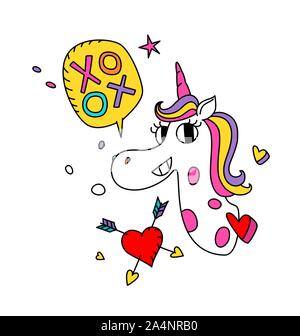 Abbildung: ein magisches Einhorn mit farbigen Mähne. Vektor. Cartoon Hero niedlich Pferd mit einem Horn. Kawaii Charakter. Fabelwesen, symbolisiert Chasti Stock Vektor
