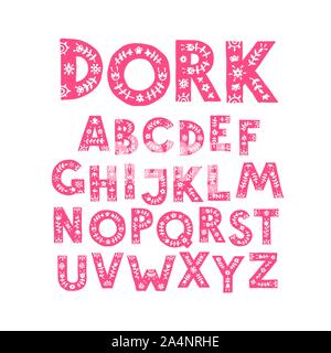 Alphabet der rosa Buchstaben in einem floralen Ornament. Vektor. Buchstaben in einem pflanzlichen Muster. Cartoon doodle Stil. Englische Alphabet. Stock Vektor