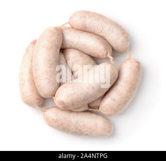 Blick von oben auf die Raw-traditionelle bayerische Weißwurst Weißwurst isoliert auf weißem Stockfoto