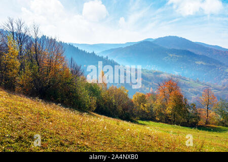 Bergige Landschaft an einem sonnigen Herbsttag. Bäume in buntes Laub. entfernte Kante im Dunst. strahlend blauen Himmel mit Wolken. schönen ländlichen Gegend Stockfoto