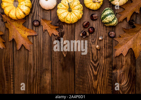 Herbst Hintergrund, Kürbisse, Blätter, Kastanien, Stöcke, string auf Holzbrettern angeordnet. Stockfoto