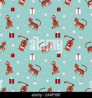 Festliche nahtlose Muster mit niedlichen Leoparden. Lustige Tiere mit Geschenken und Schneeflocken auf hellen Hintergrund. Weihnachten Vektor illustartion. Stock Vektor
