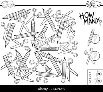 Schwarze und weiße Abbildung von Bildungseinrichtungen zählen die Aufgabe für Kinder mit Bleistift und Schere Malbuch Stock Vektor