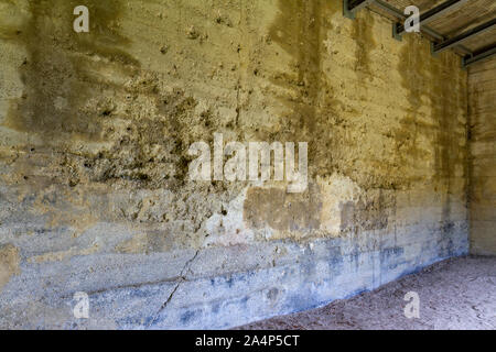 Einschusslöcher in der ehemaligen Maschine Gewehr- und Pistolenschießen, wo sowjetische Gefangene hingerichtet wurden, SS-Schießplatz Hebertshausen, Dachau, Deutschland. Stockfoto