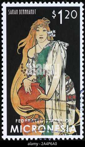 Schauspielerin Sarah Benhardt von Alphonse Mucha auf Briefmarke Stockfoto