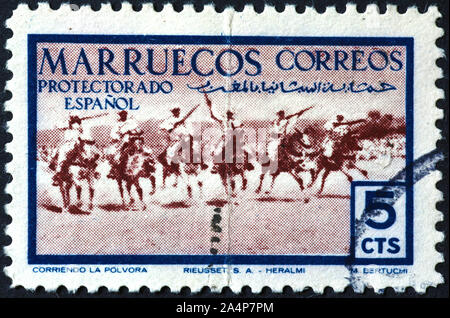 Marokkanische Horse Festival auf alten Briefmarke Stockfoto