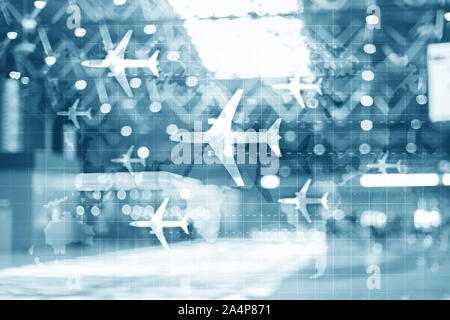 Weltkarte mit Flugrouten Flugzeuge. Global Aviation Business Tourismus. Double Exposure Hintergrund. Stockfoto