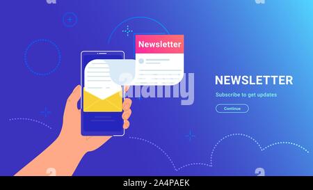 Newsletter Abo. online in mobile App. Vektor Farbverlauf Abbildung der menschlichen Hand Smartphone mit neuen monatlichen Brief fliegen aus Geröll Stock Vektor