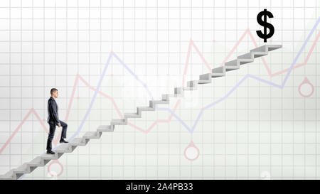 Ein Geschäftsmann gehen bis auf Beton Treppe zu den roten und blauen Grafik Hintergrund zu einem großen schwarzen USD unterzeichnen auf der Oberseite. Stockfoto