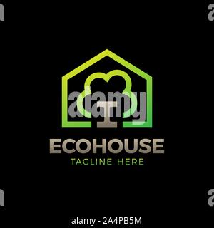 Tree House logo Vorlage. Abbildung: eco Home mit Baum im Haus Symbol. Stock Vektor
