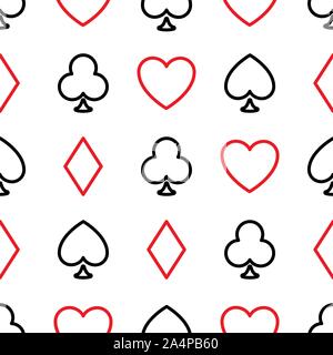 Nahtlose Muster Hintergrund von poker Anzüge - Herz, Kreuz, Pik und Karo - in den Zeilen auf weißem Hintergrund angeordnet. Kasino, das Thema vect Stock Vektor