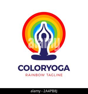 Silhouette des Yoga Mann oder Frau sitzt auf einem Regenbogen Kreise Hintergrund. Stock Vektor