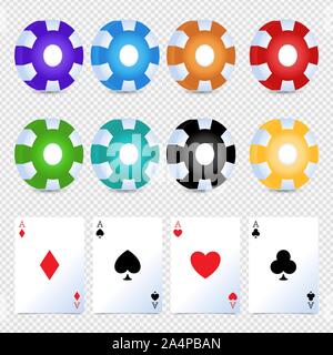 Casino bunte chips Wettkarte mit einfachen Vektor gesetzt. Pik, Herz, Phillips, Diamanten Stock Vektor