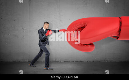 Ein Geschäftsmann in Boxhandschuhen auf konkreten Hintergrund Stanzen einen riesigen roten Handschuh. Stockfoto