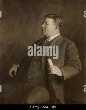 Theodore Roosevelt, Three-Quarter Länge Porträt, saß im Sessel mit kleinen Rolle Papier in der linken Hand, Gemälde von Johann Waldemar de Rehling Quistgaard, 1913 Stockfoto