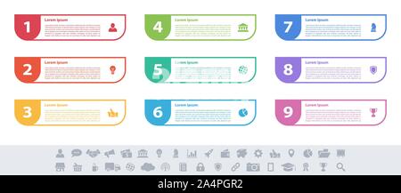 Infografik design Business Konzept Vector Illustration mit 9 Schritte und Optionen oder Prozesse, Arbeitsabläufe oder Diagramm oder Web button Banner dar Stock Vektor
